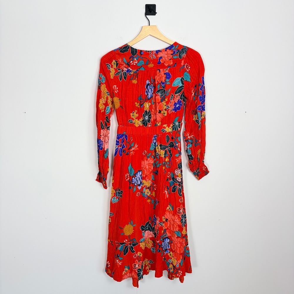 Anthropologie Floral Wrap Midi Dress Long Sleeve Red Blue Yellow Women's Size 2 - Picture 9 of 9